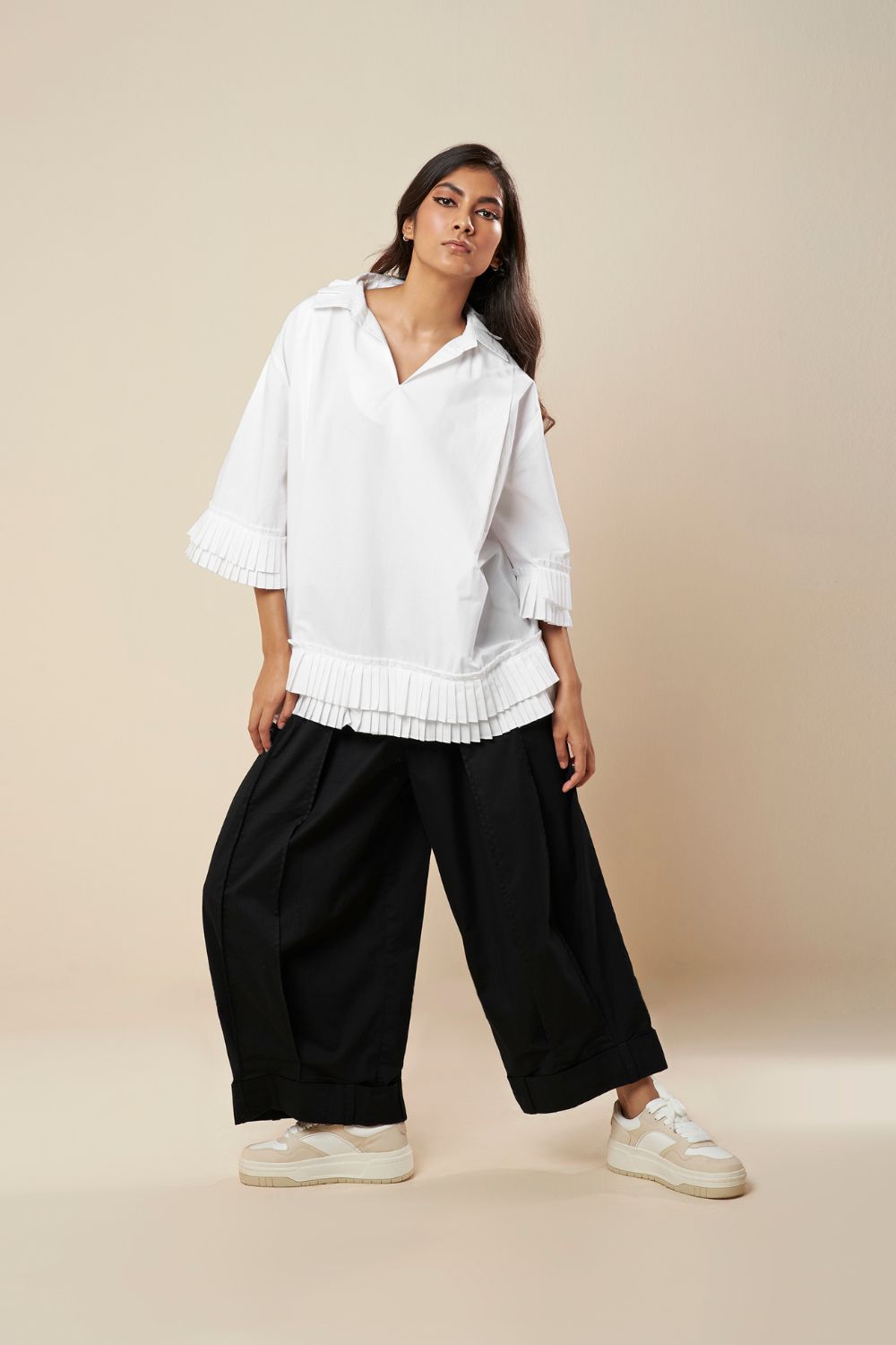 TOP WITH PLEATED COLLAR FRILL PANEL DETAIL