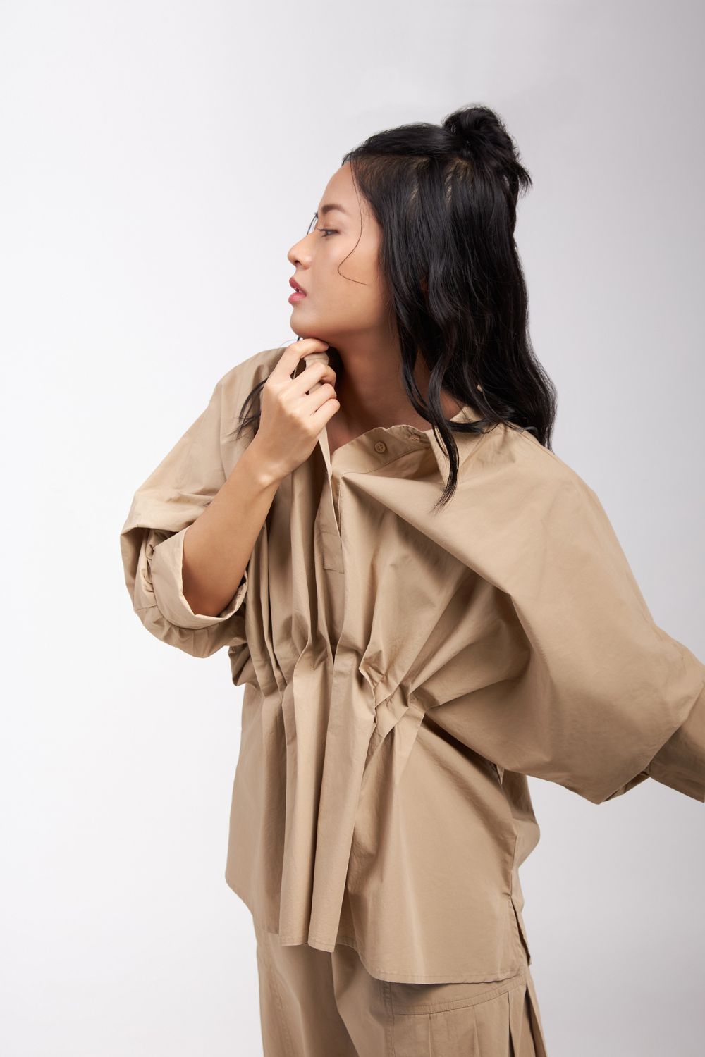 TOP WITH PLEATED FRONT AND PLACKET