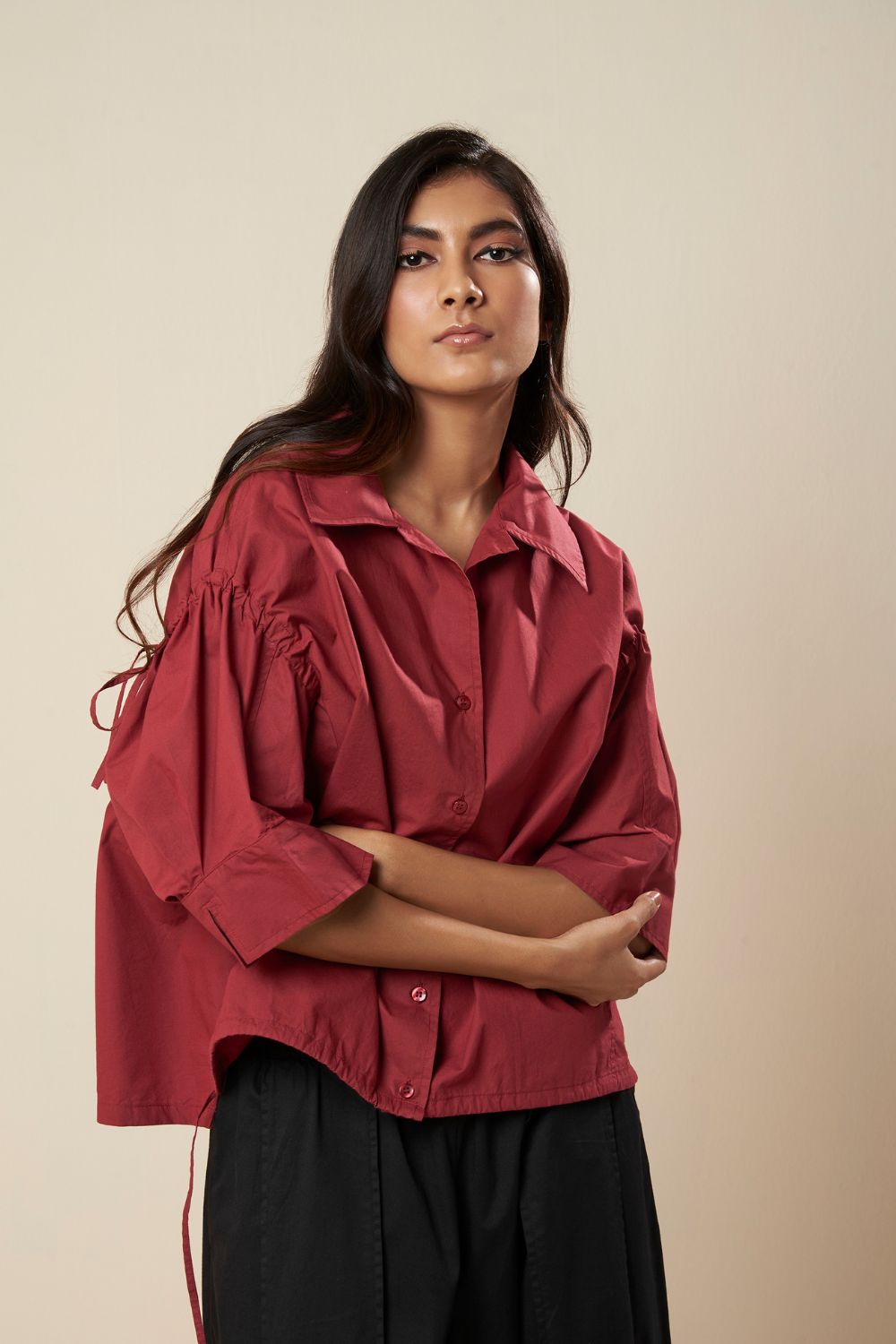 SHIRT WITH ROUCHE HEM ANDSLEEVE