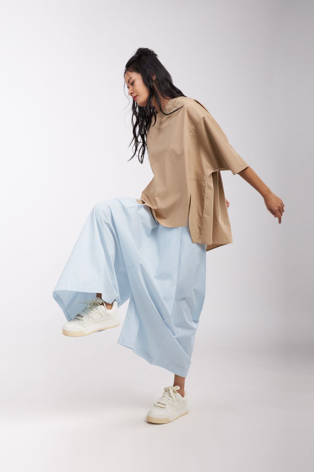 LOW CROTCH FLARE PANTS WITH PLEATS