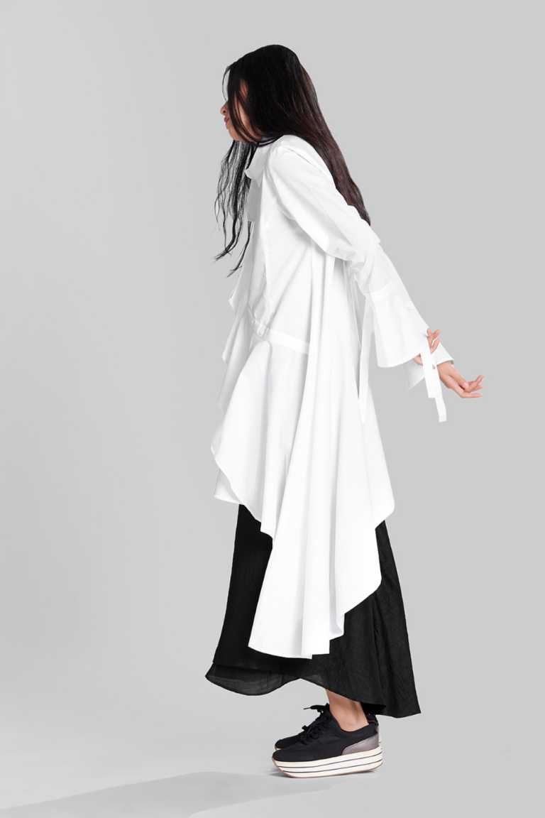 ASYMMETRICAL SHIRT WITH FRILL PANEL DETAIL