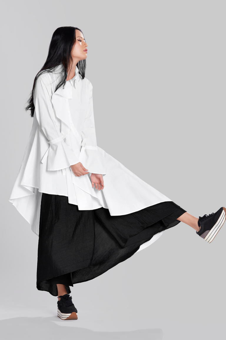 ASYMMETRICAL SHIRT WITH FRILL PANEL DETAIL