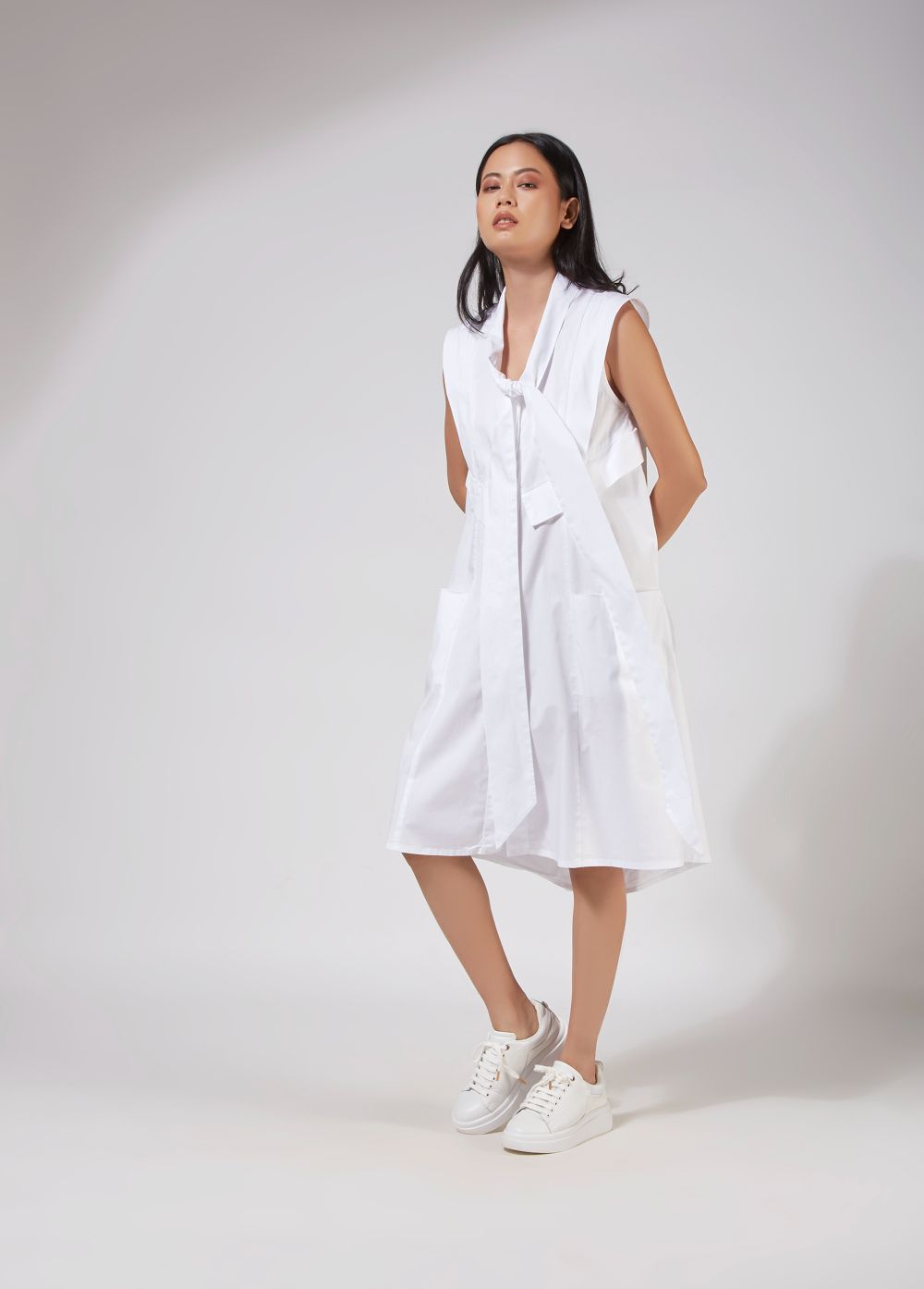 JACKET DRESS WITH FRONT TIE AND BACK DRAPE