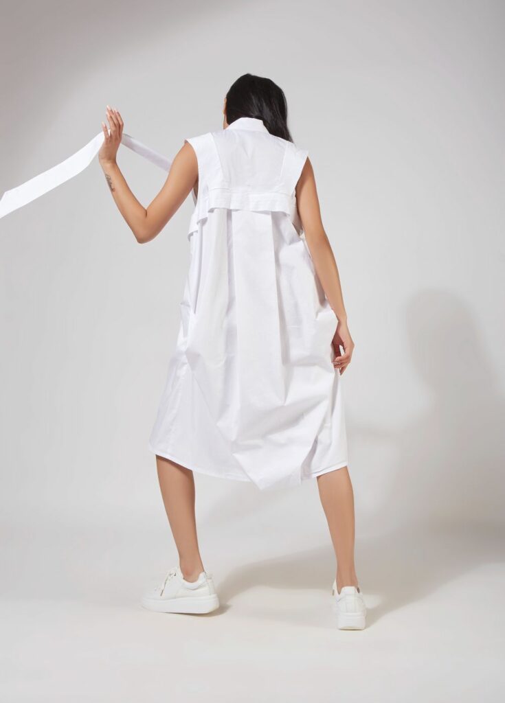 JACKET DRESS WITH FRONT TIE AND BACK DRAPE