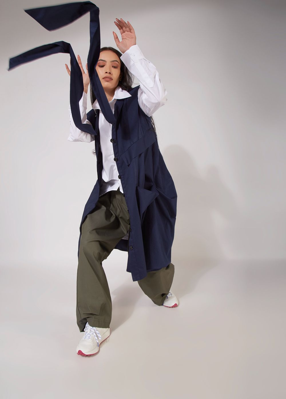 JACKET DRESS WITH FRONT TIE AND BACK DRAPE