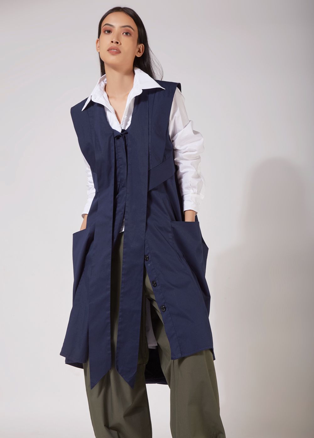 JACKET DRESS WITH FRONT TIE AND BACK DRAPE