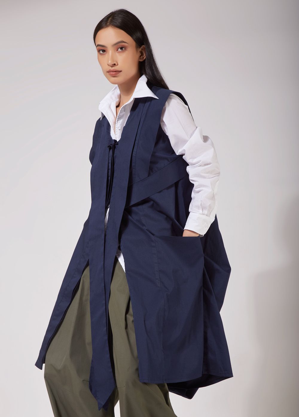 JACKET DRESS WITH FRONT TIE AND BACK DRAPE