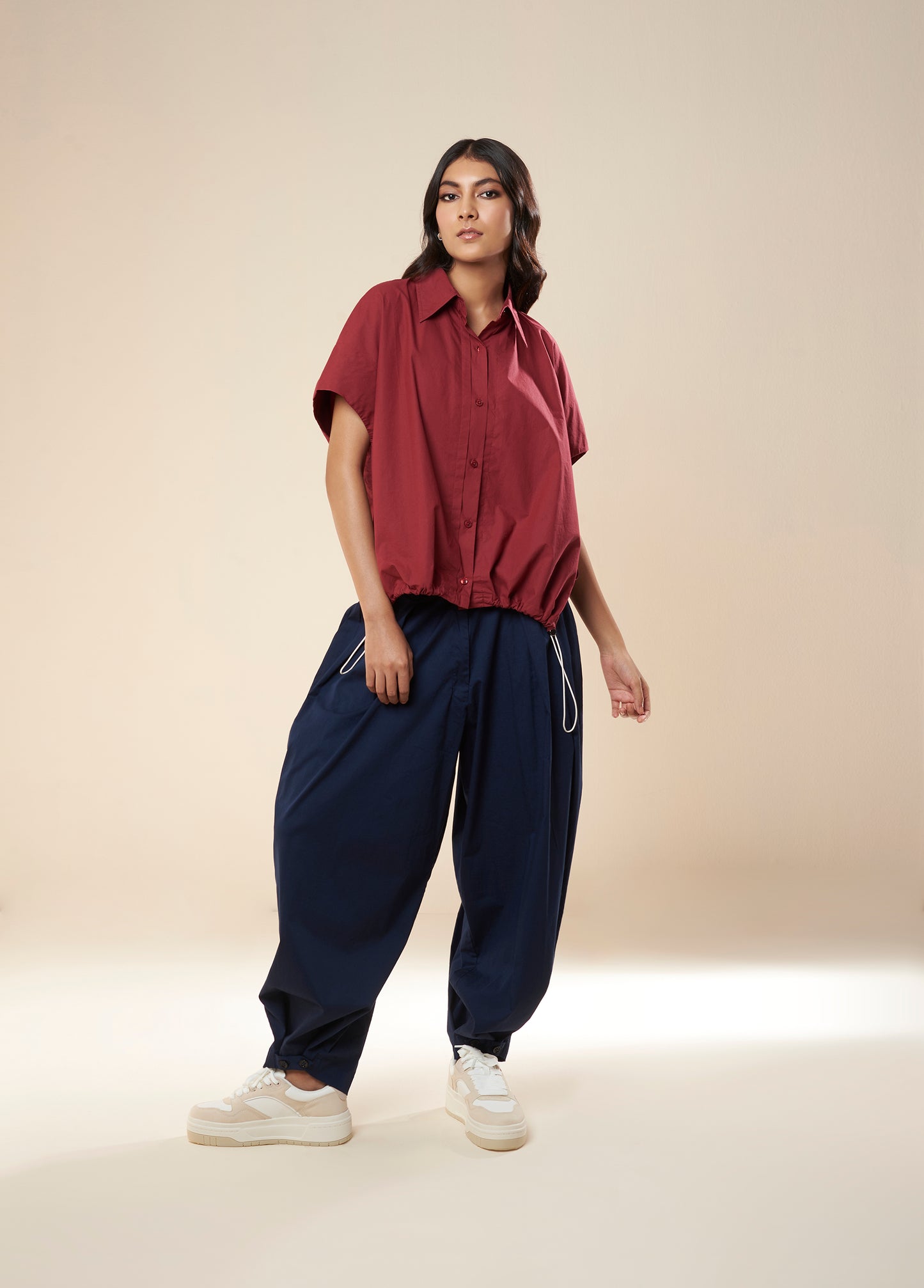 SHIRT WITH ROUCHE ELASTIC HEM AND DECONSTRUCTED BACK