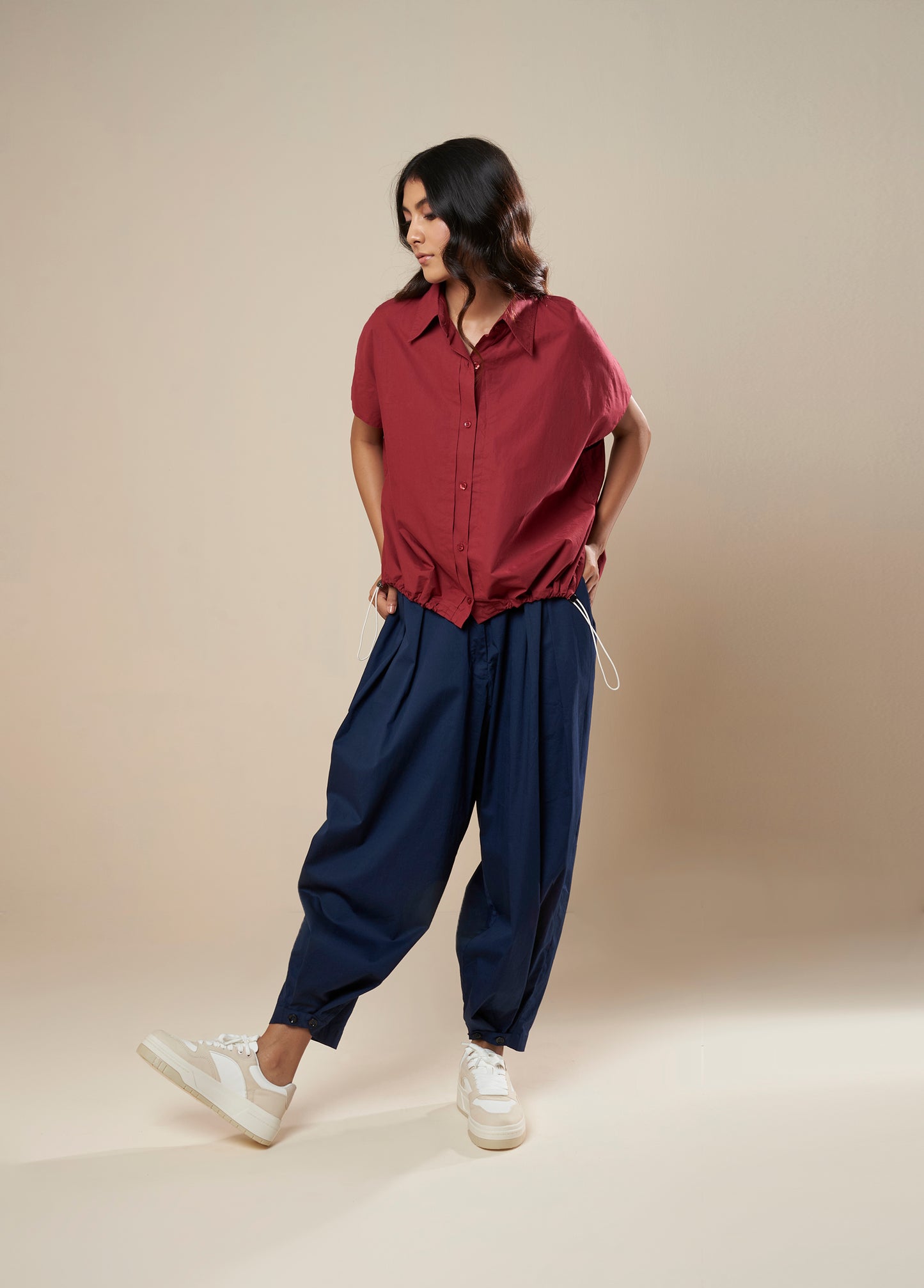 SHIRT WITH ROUCHE ELASTIC HEM AND DECONSTRUCTED BACK