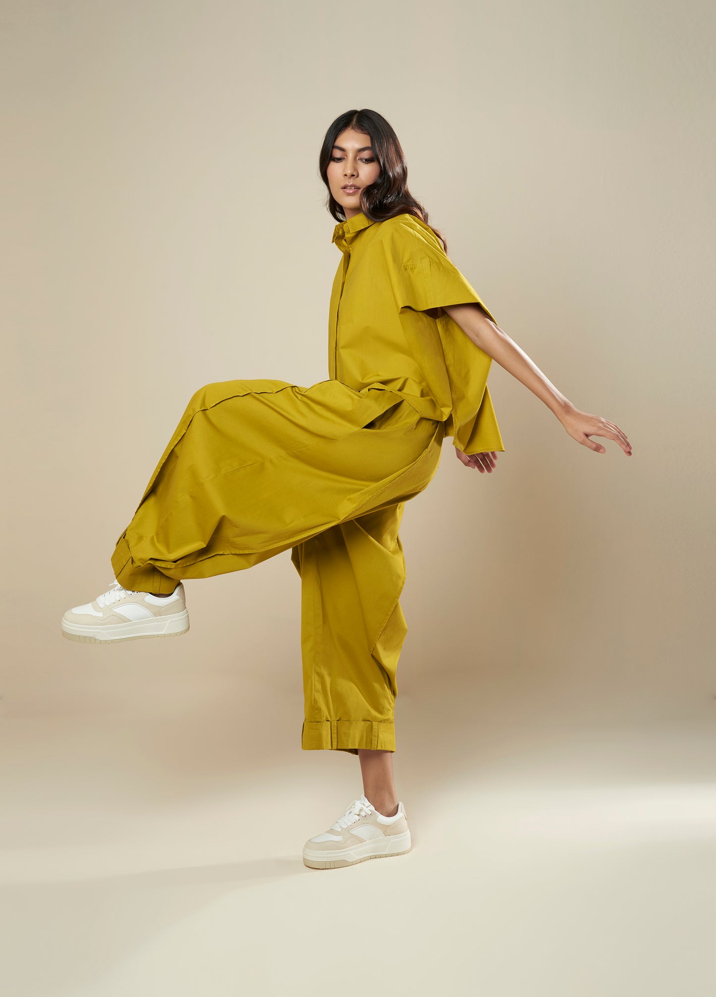 SHIRT WITH PANEL SLEEVE AND BACK PLEAT