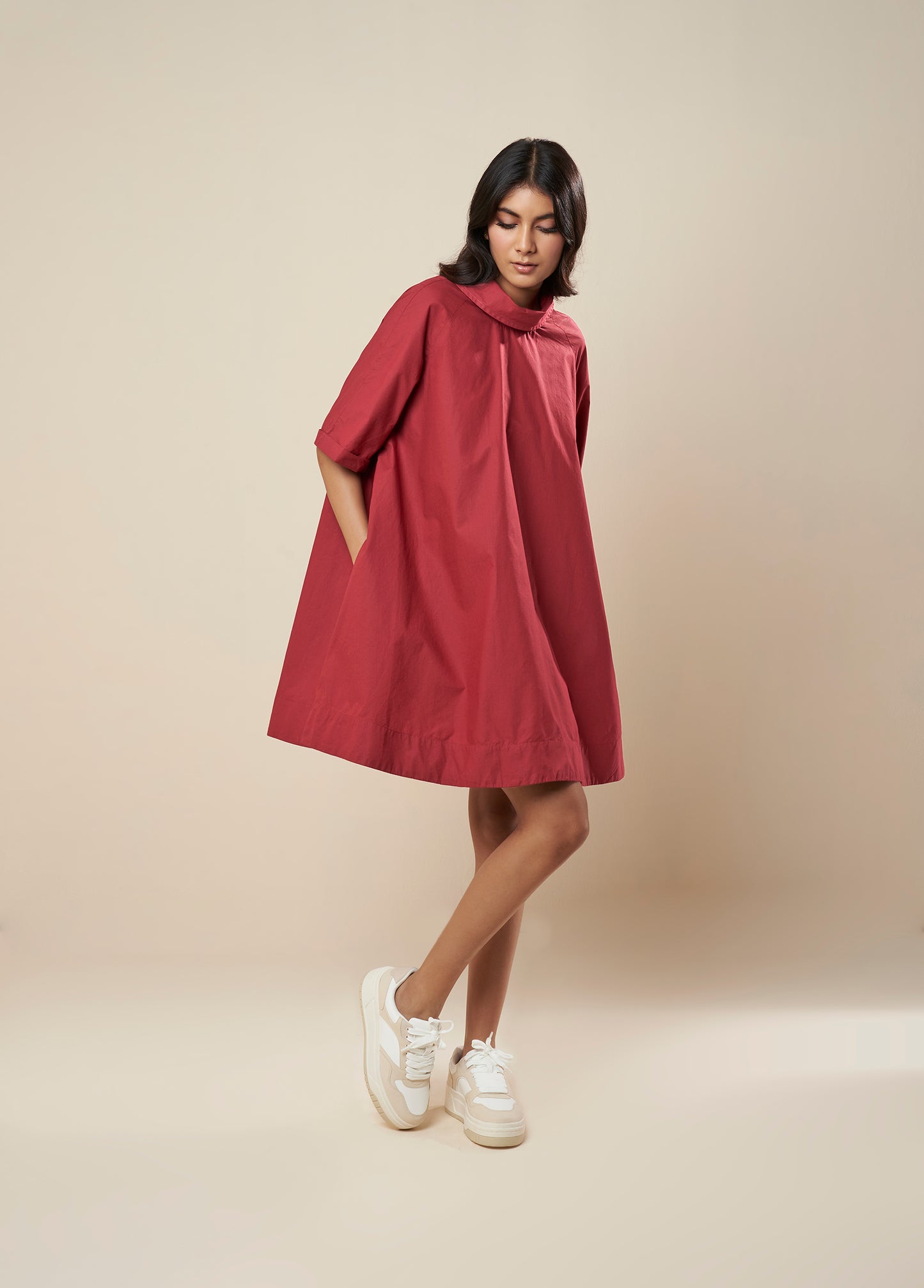 FLARE DRESS WITH ROLL OVER COLLAR