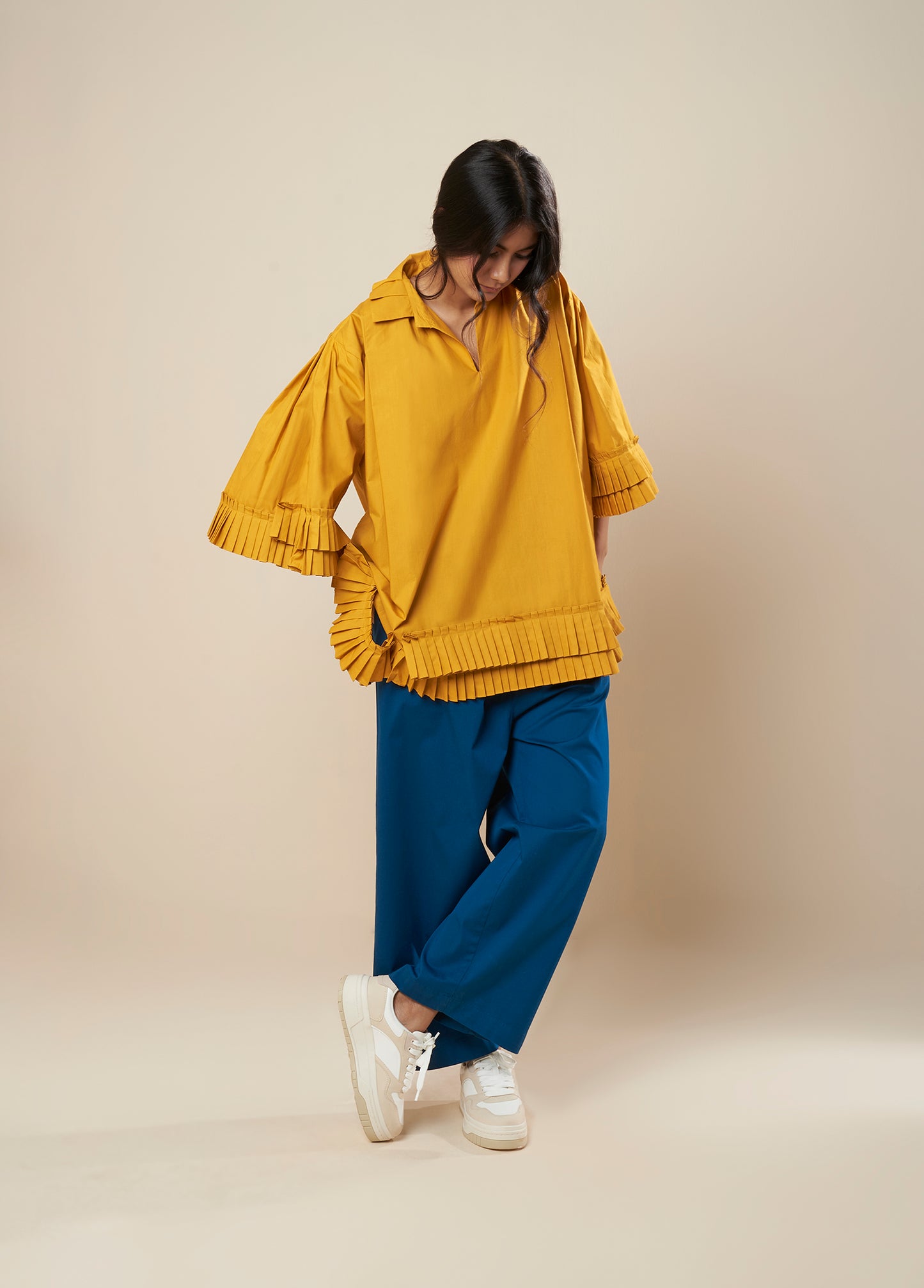 TOP WITH PLEATED COLLAR FRILL PANEL DETAIL