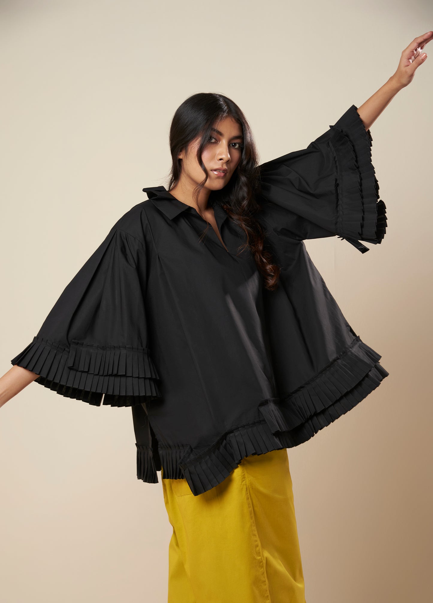 TOP WITH PLEATED COLLAR FRILL PANEL DETAIL
