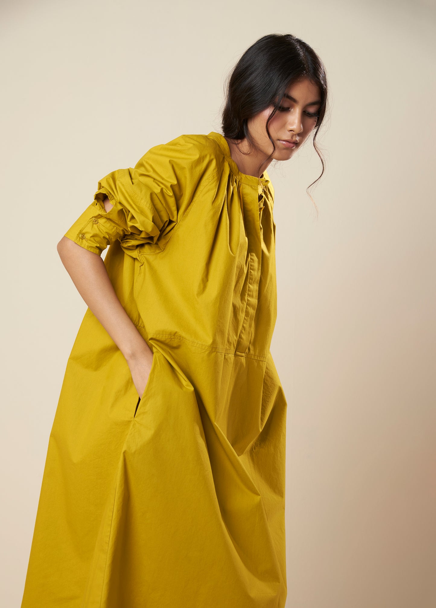 DRESS WITH GATHERED FRONT AND HALF PLACKET