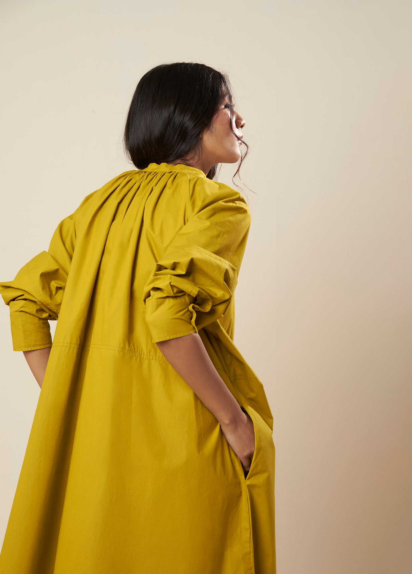 DRESS WITH GATHERED FRONT AND HALF PLACKET