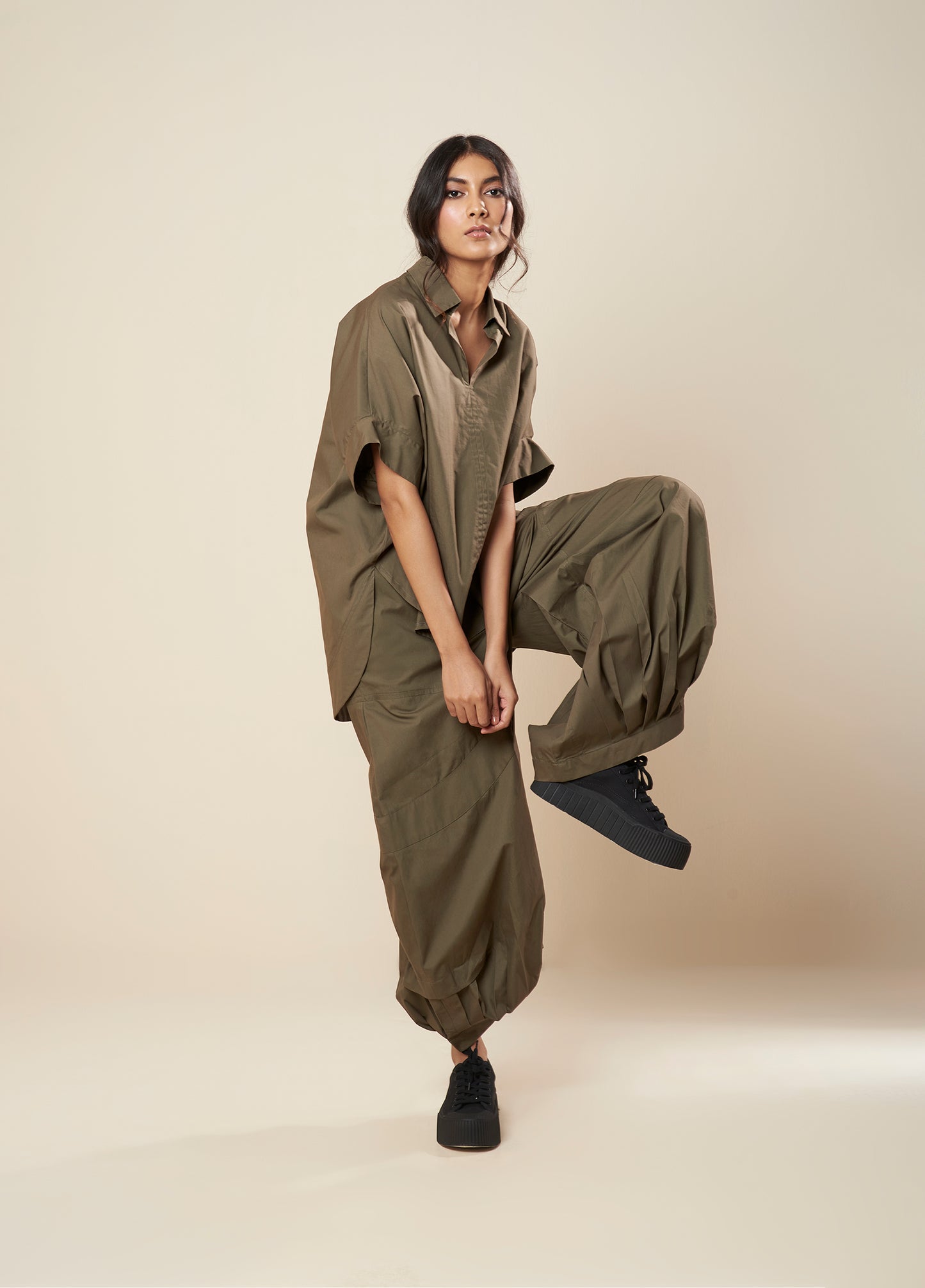 PANTS WITH COWL AND PLEAT HEM