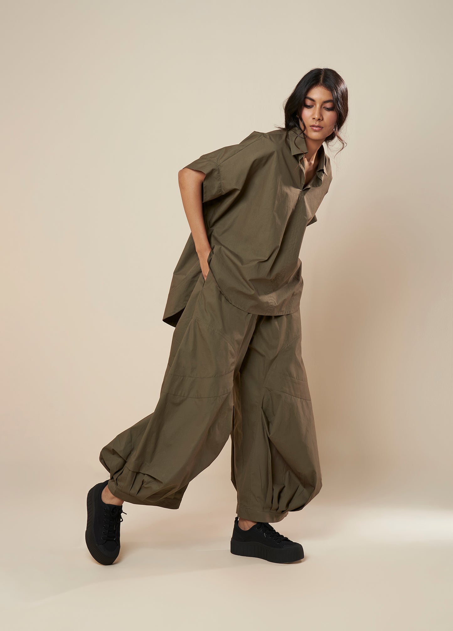 PANTS WITH COWL AND PLEAT HEM