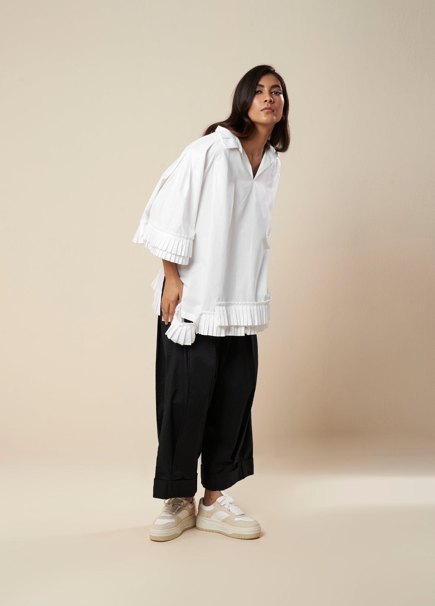 TOP WITH PLEATED COLLAR FRILL PANEL DETAIL