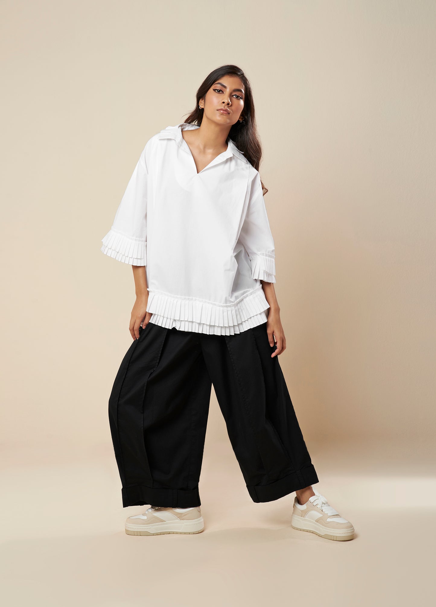 TOP WITH PLEATED COLLAR FRILL PANEL DETAIL