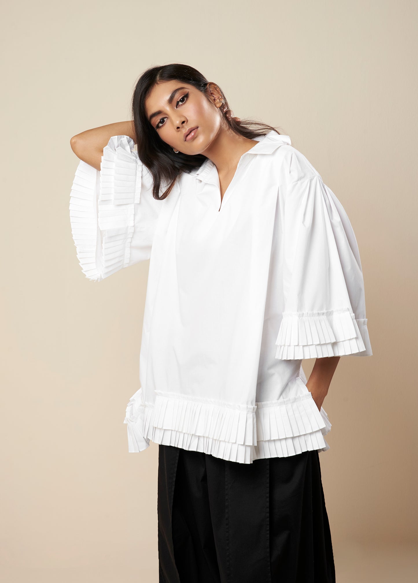 TOP WITH PLEATED COLLAR FRILL PANEL DETAIL