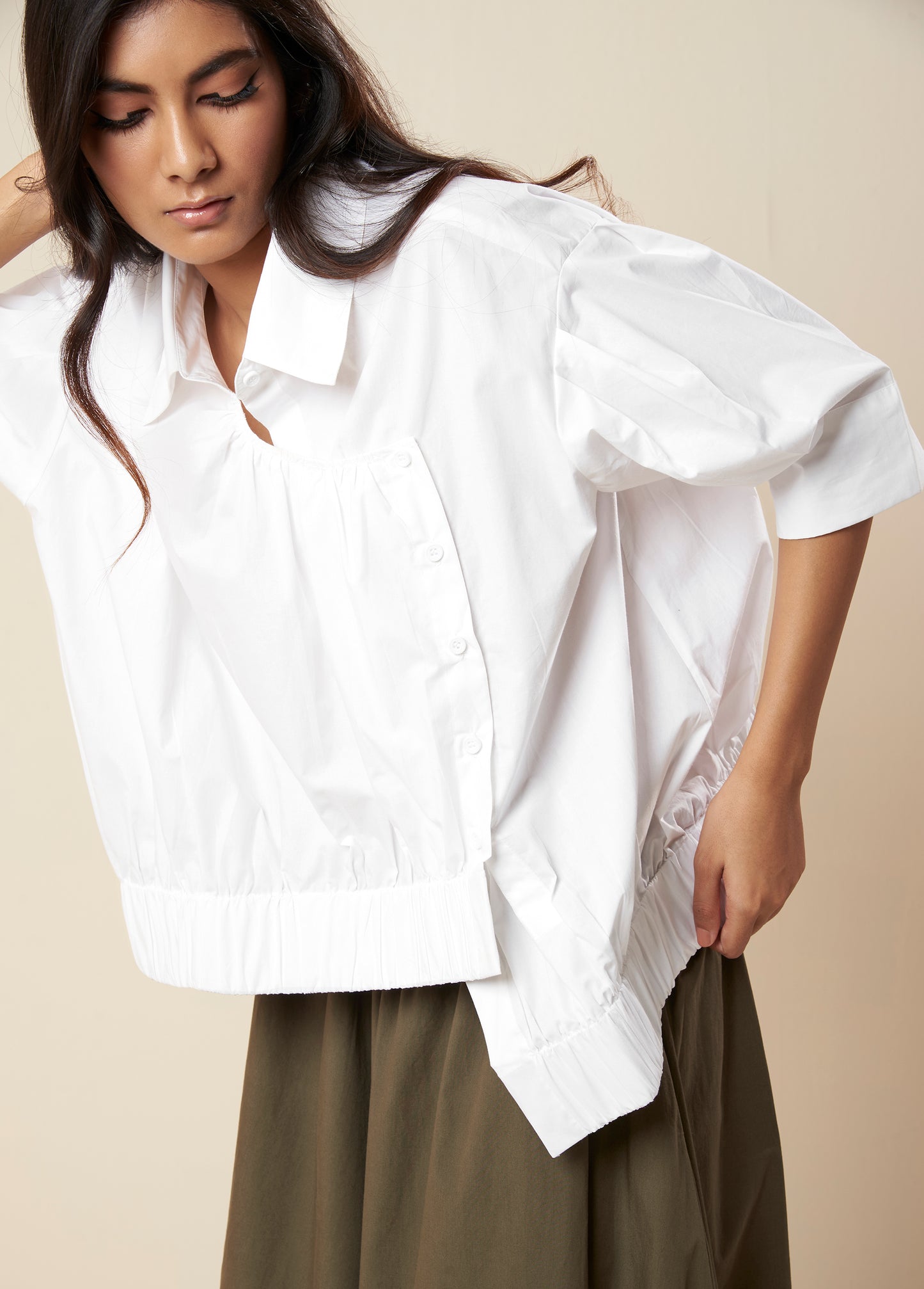 ASYMMETRICAL SHIRT WITH ELASTIC HEM