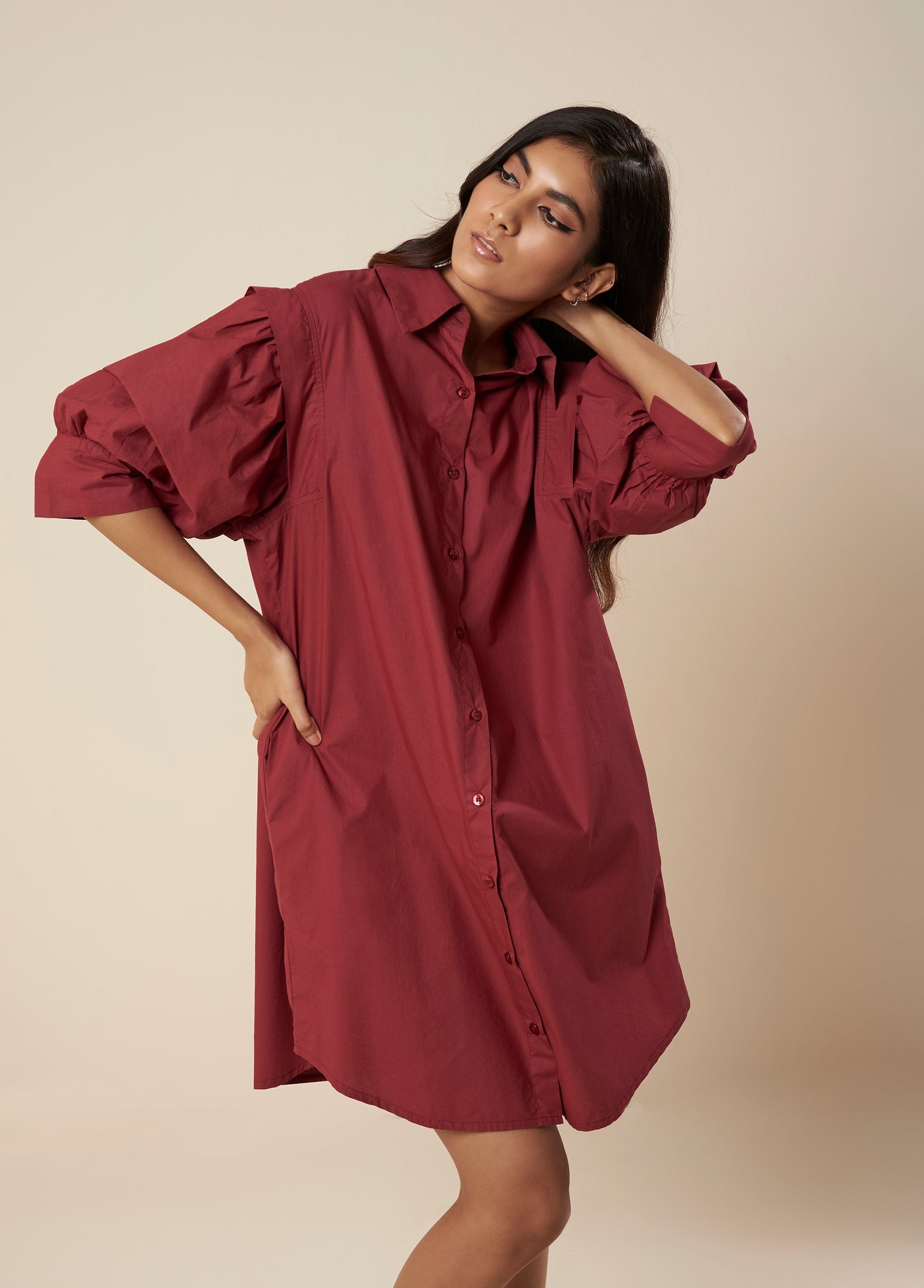 SHIRT DRESS WITH BALLOON SLEEVE