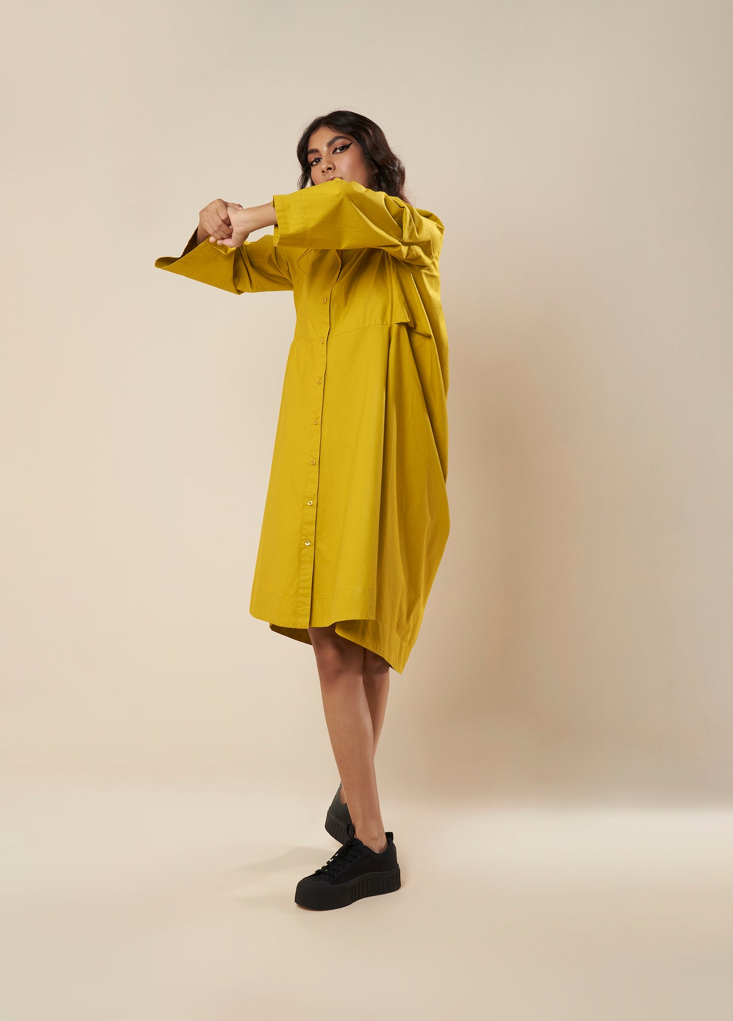 SHIRT WITH COWL BACK AND CONSTRUCTED SLEEVE