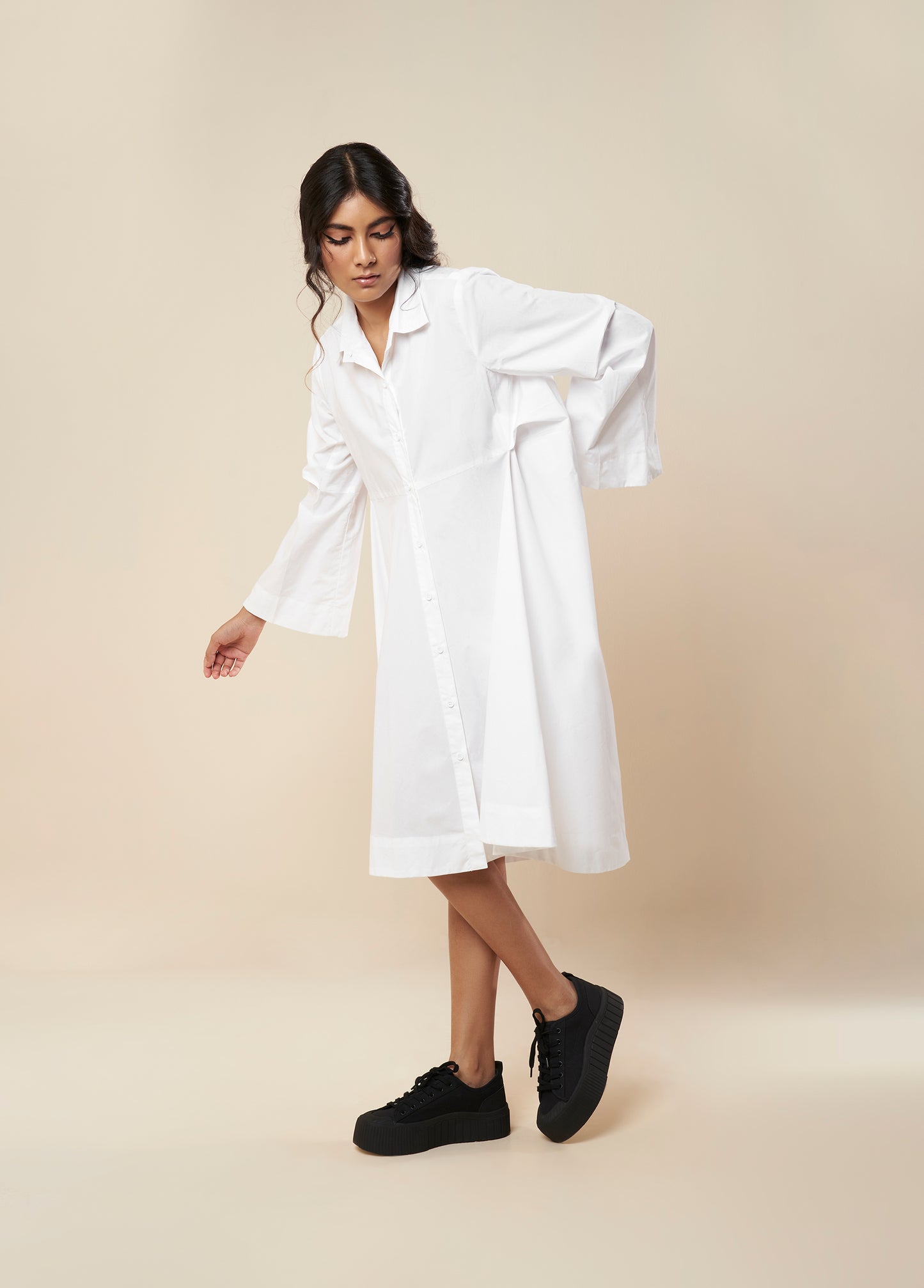SHIRT WITH COWL BACK AND CONSTRUCTED SLEEVE