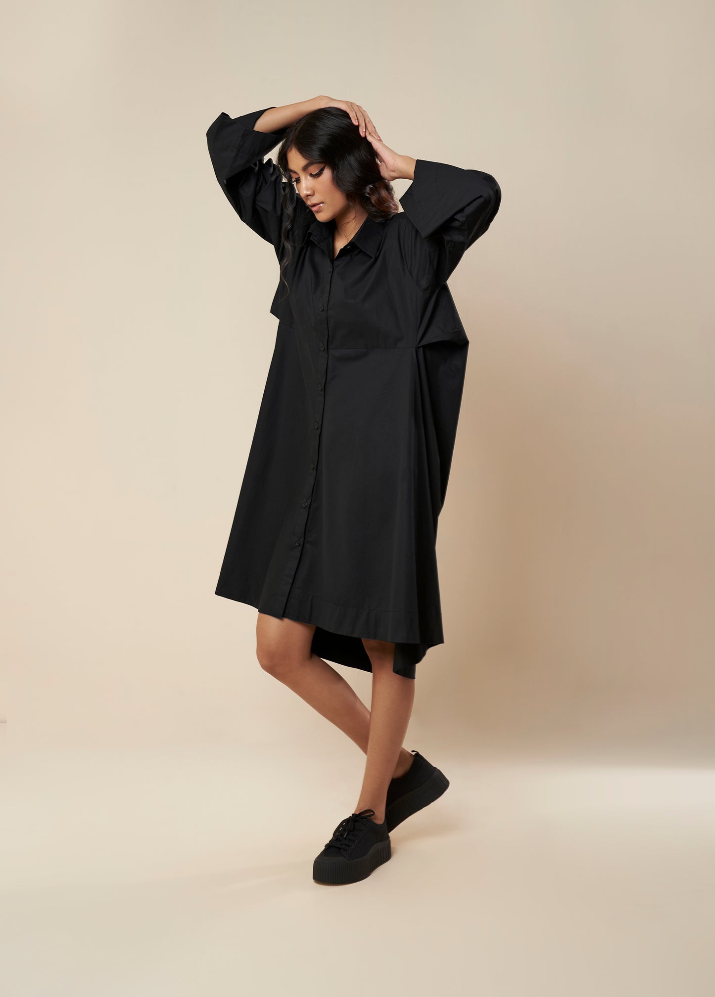 SHIRT WITH COWL BACK AND CONSTRUCTED SLEEVE