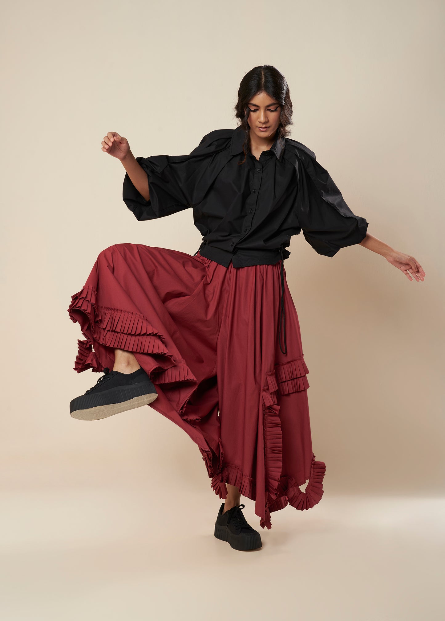 LOW CROTCH PANTS WITH ASYMMETRICAL FRILL PANELS