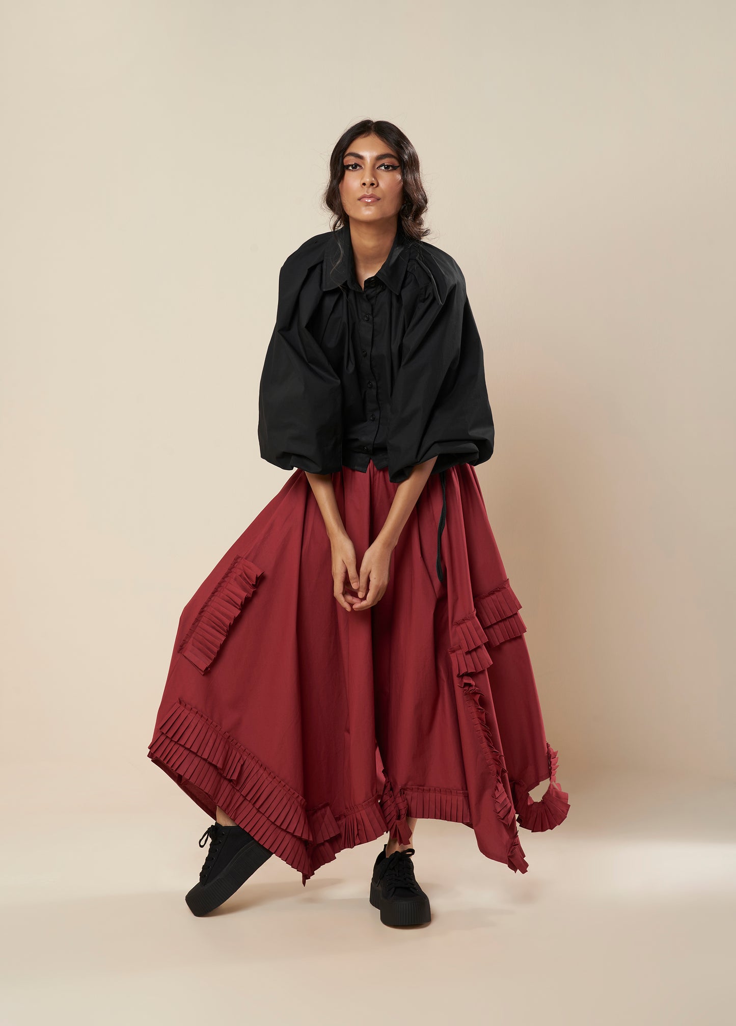 LOW CROTCH PANTS WITH ASYMMETRICAL FRILL PANELS