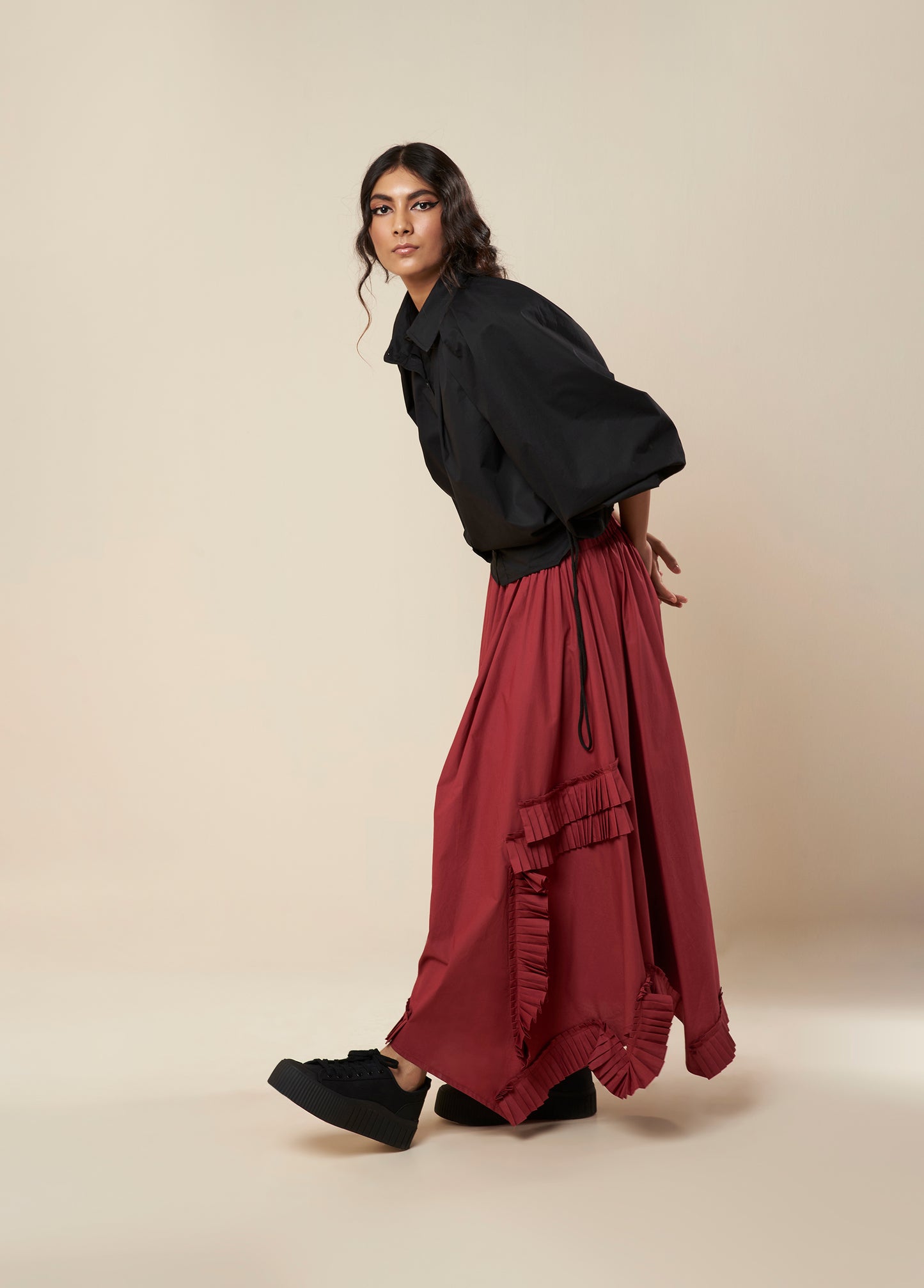 LOW CROTCH PANTS WITH ASYMMETRICAL FRILL PANELS