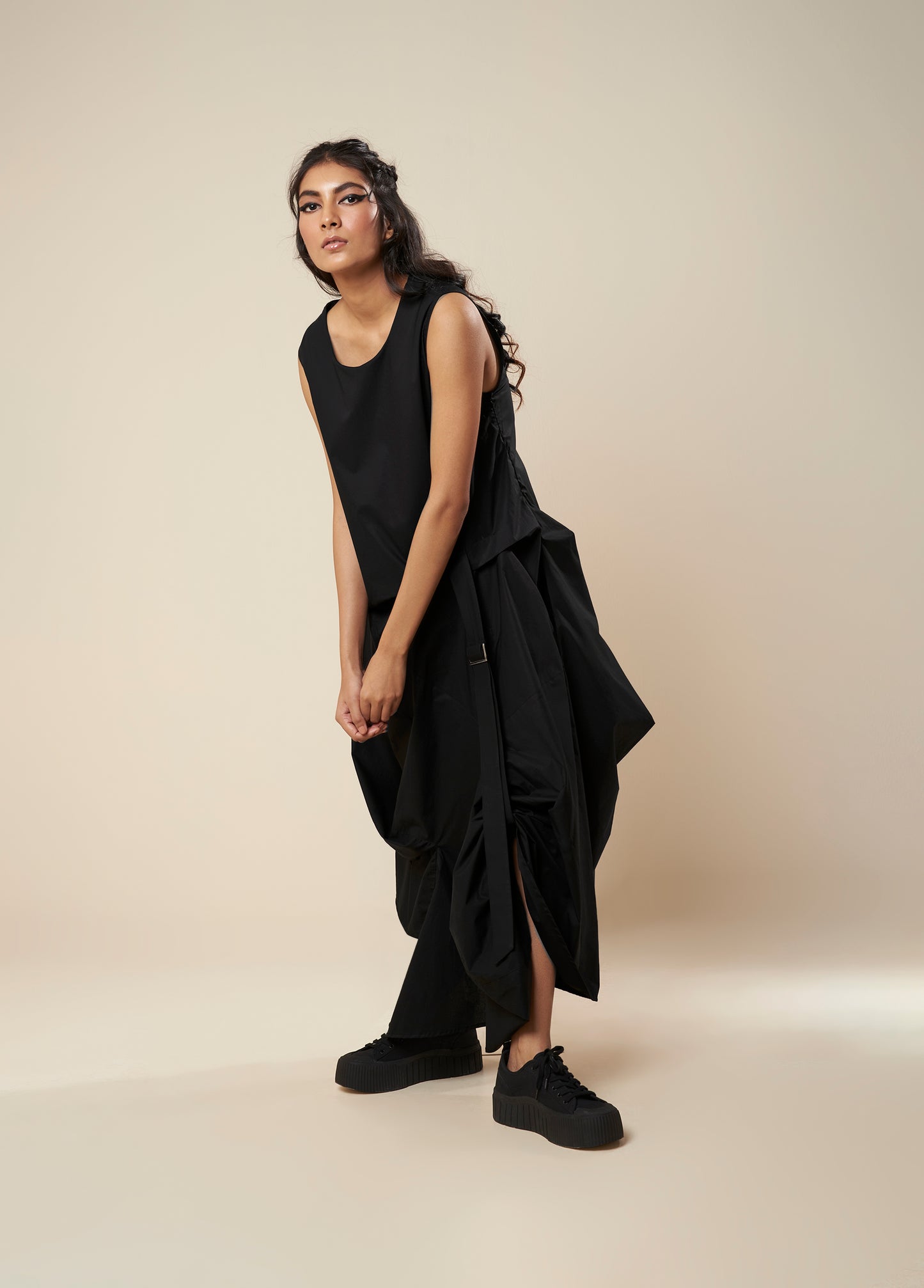 DRESS WITH DRAPE HEM AND STRAP DETAIL