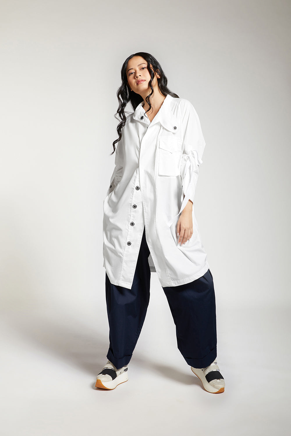SHIRT WITH DRAPED BACK AND METAL BUTTONS