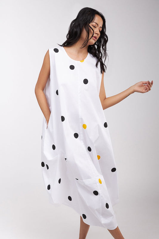 DRESS SLEEVELESS WITH DECONSTRUCTED HEM DRAPE - POLKA DOT