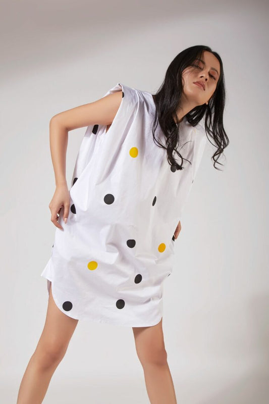 DRESS WITH PLEATED SHOULDER - POLKA DOT