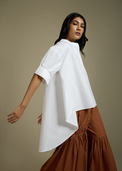 HIGH-LO TOP WITH FLARE AND PLEATED SLEEVE