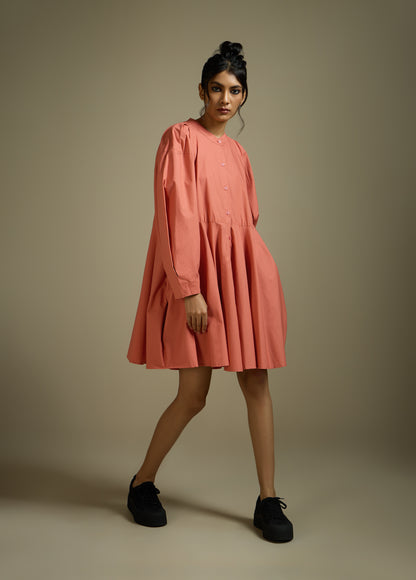 DRESS WITH CONSTRUCTED PLEATED SLEEVE AND FLARE HEM