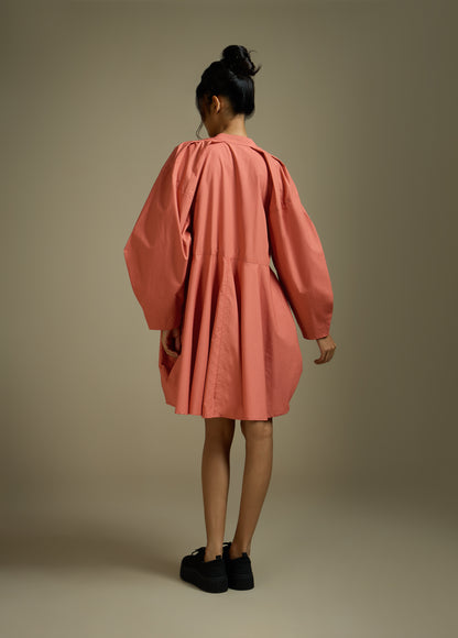 SHIRT DRESS WITH CONSTRUCTED PLEATED SLEEVE AND FLARE HEM