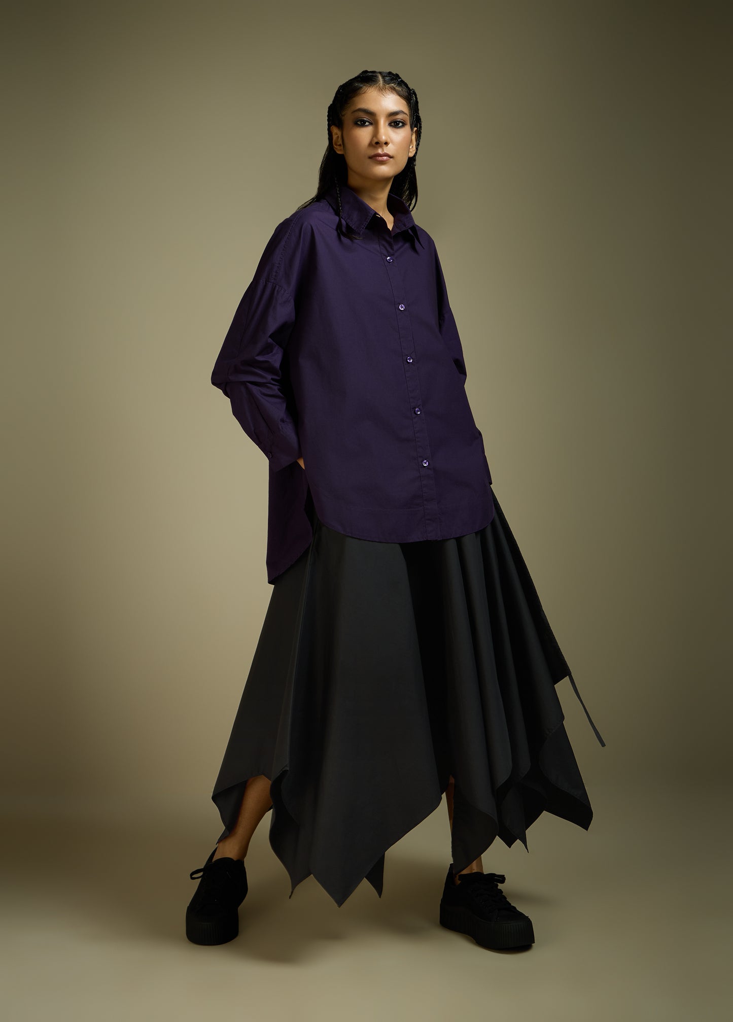 ASYMMETRICAL FLARE SKIRT WITH GATHERED TIE-UP LAYER