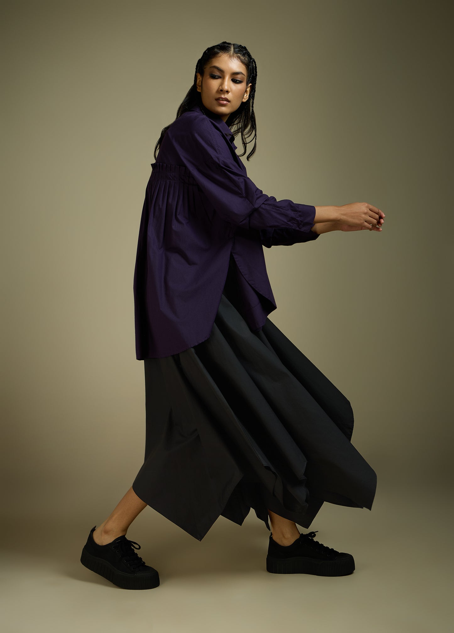 ASYMMETRICAL FLARE SKIRT WITH GATHERED TIE-UP LAYER