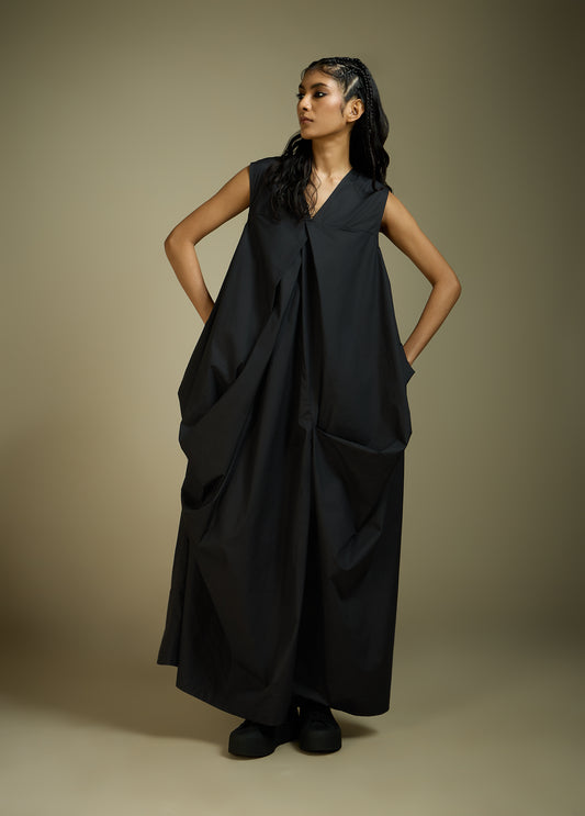 LONG DRESS WITH FRONT PLEATS AND BACK DRAPE