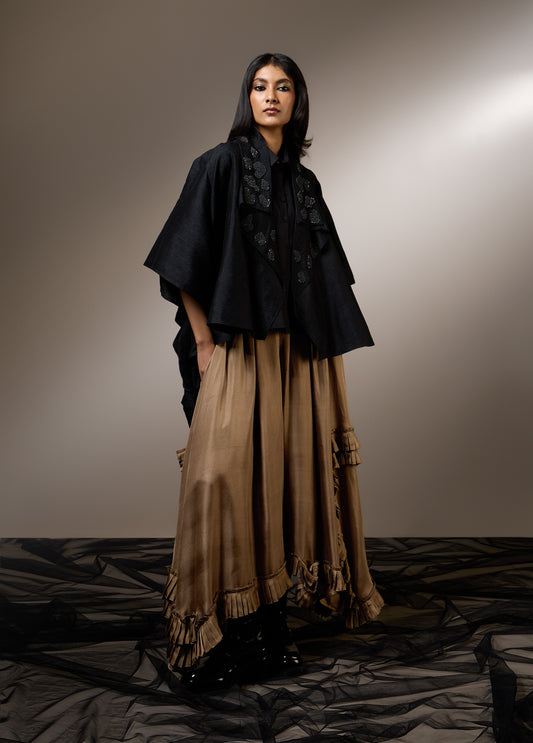 SHORT FRONT LONG BACK DRAPE JACKET WITH EMBROIDERED COLLAR