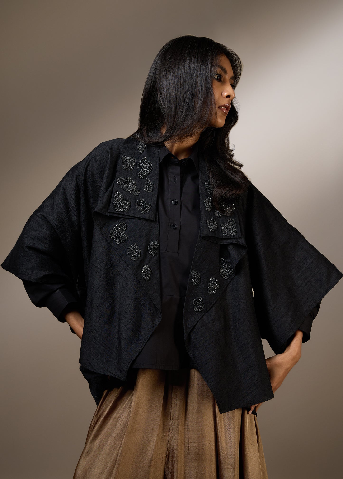 SHORT FRONT LONG BACK DRAPE JACKET WITH EMBROIDERED COLLAR