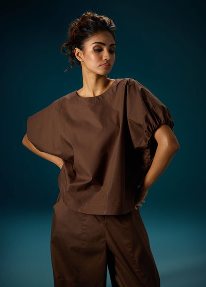 TOP WITH DROP SHOULDER AND ELASTICATED SLEEVE DETAILS