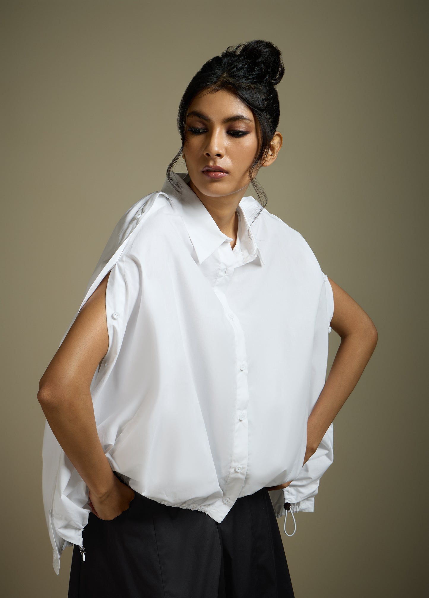 SHIRT WITH PLEATED BACK AND SIDE BUTTON DETAIL