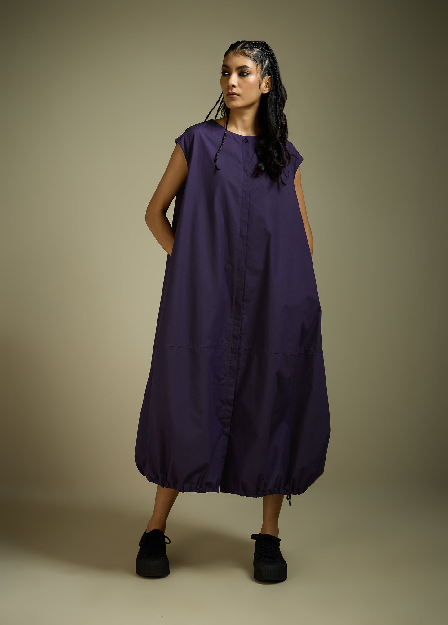 DRESS WITH HEM ROUCHE AND PANEL DETAIL