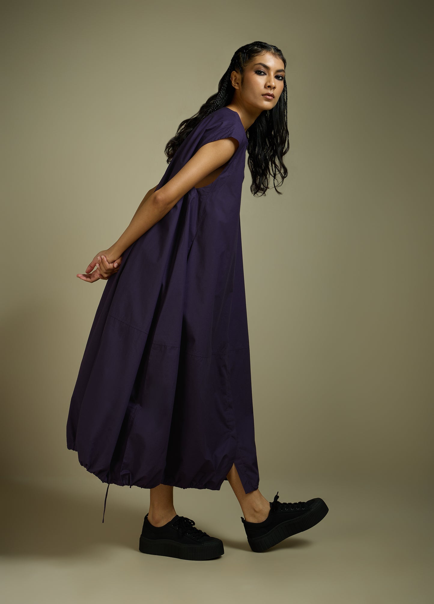 DRESS WITH HEM ROUCHE AND PANEL DETAIL