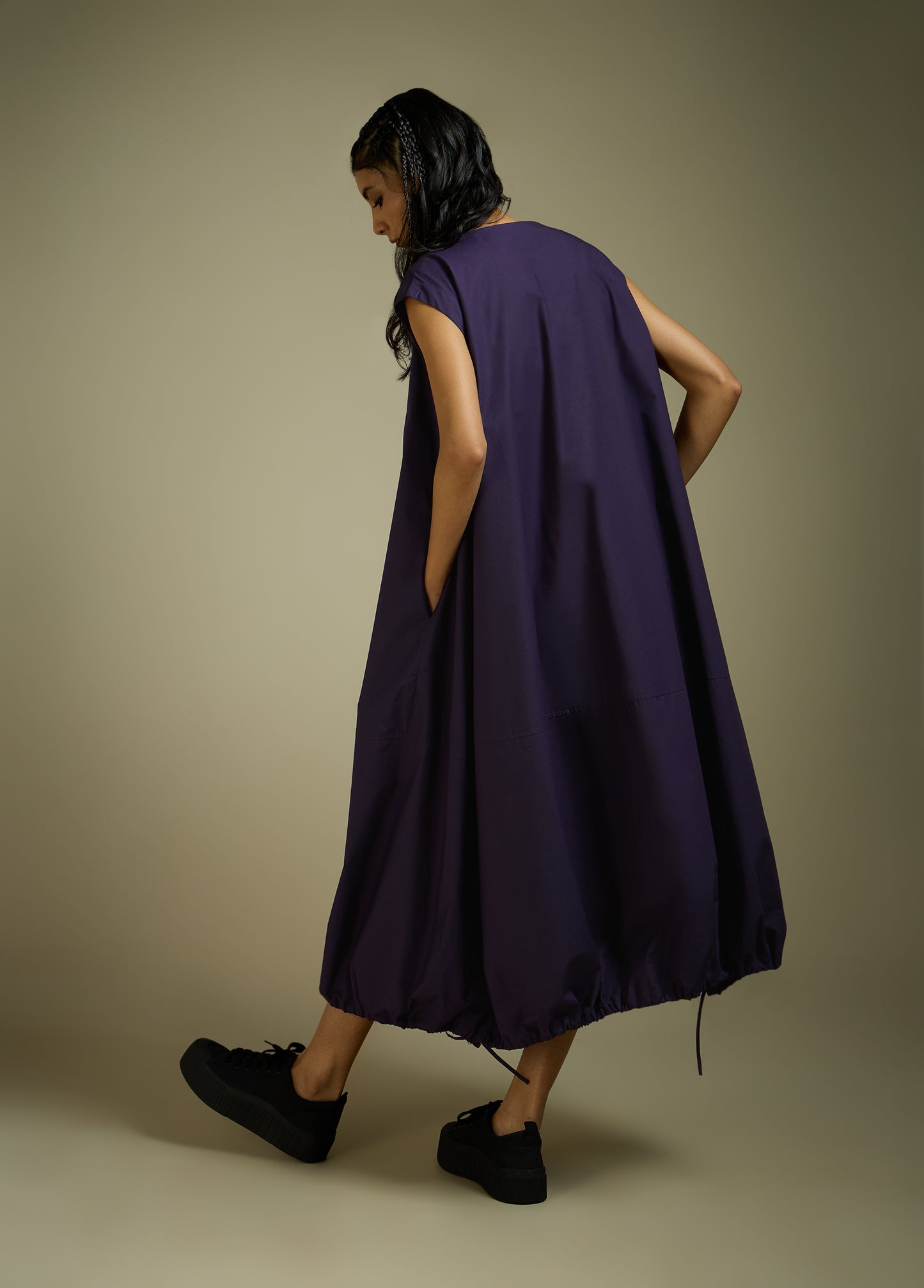 DRESS WITH HEM ROUCHE AND PANEL DETAIL