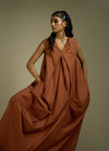 LONG DRESS WITH FRONT PLEATS AND BACK DRAPE